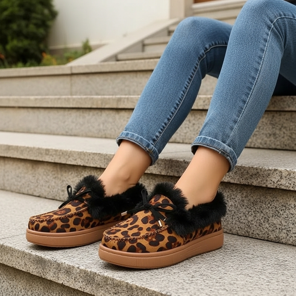Bow Top Plush Faux Fur Loafers Slip-On Moccasin Soft Flat Outdoor House Shoes